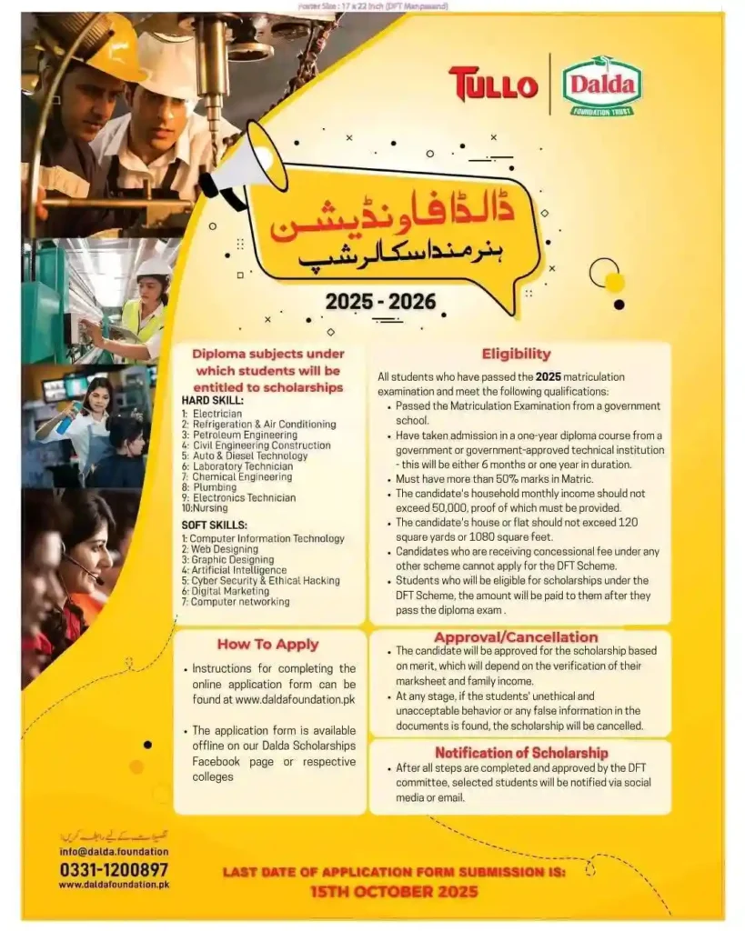 Dalda Foundation Scholarship 2025–2026 – Apply Online Before October 15 for Hunarmand & Merit Programs 2 Dalda Foundation Scholarship 2025–2026