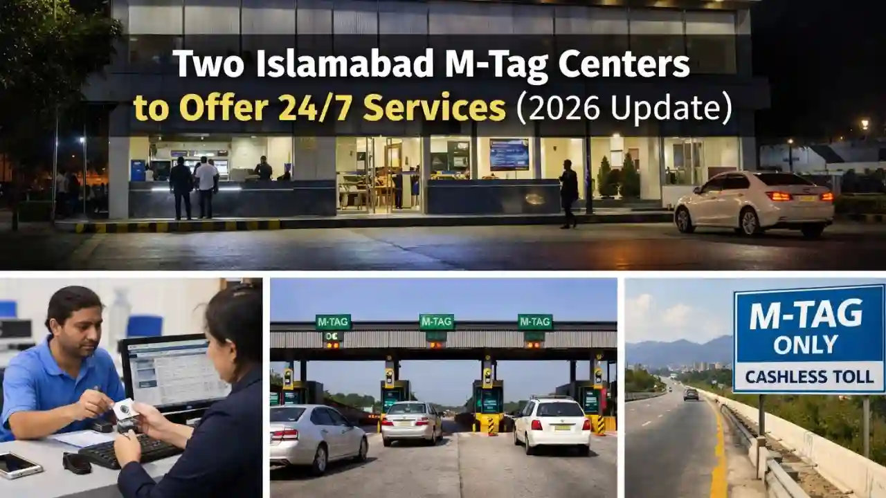 Infographic detailing M-Tag center locations and services in Islamabad.
