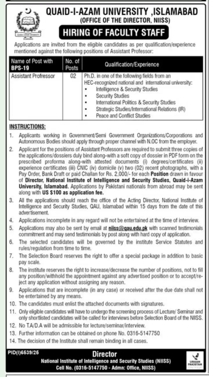 Quaid-i-Azam University Assistant Professor Jobs 2026 at NIISS